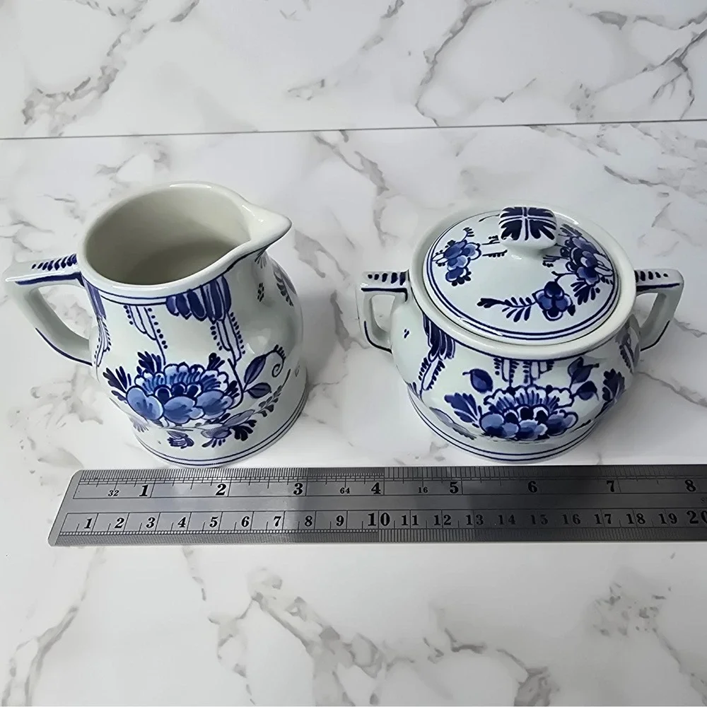 Vintage 1961 Royal Delft Porceleyne Fles Hand Painted Creamer Sugar Tray Set